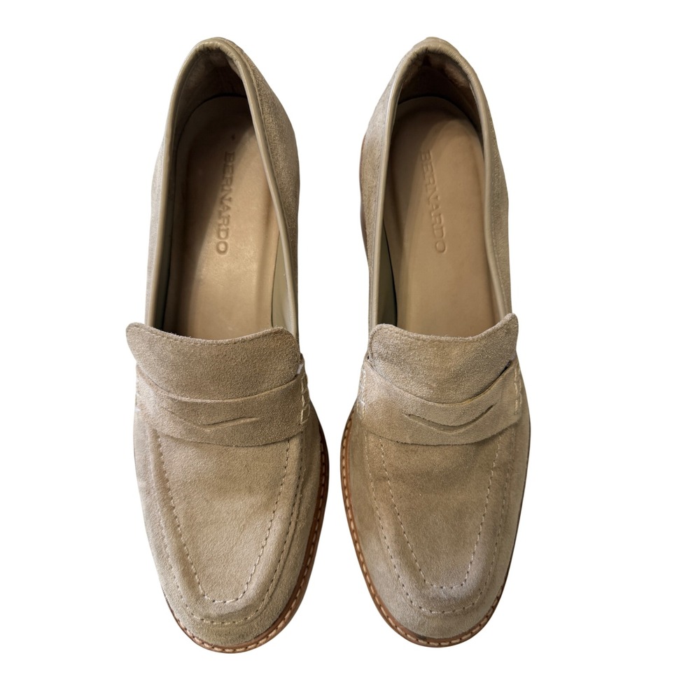 Bernardo Suede Platform Penny Loafers Womens 9 Taupe Lug Sole Block Heel Chunky